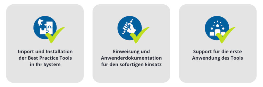 graue Rechtecke mit schwarzer Schrift und blauen Symbolen