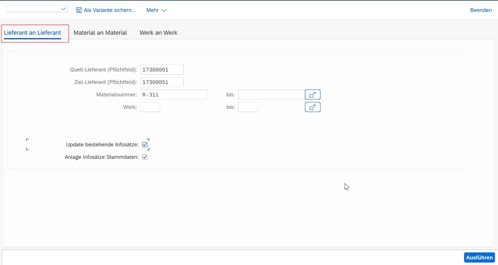 SAP GUI Screenshot zur Kopie von Einkaufsinfosätzen von Lieferant an Lieferant in SAP