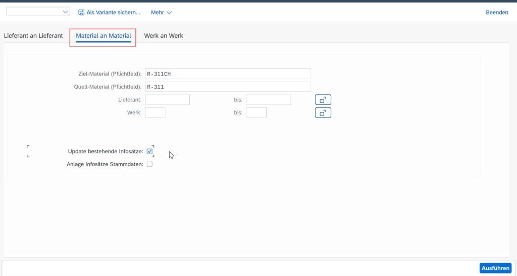 SAP GUI Screenshot zur Kopie von Einkaufsinfosätzen von Material an Material in SAP