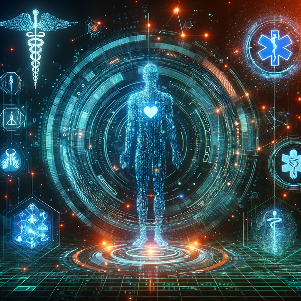 A-futuristic-and-abstract-representation-of-digital-health-featuring-elements-such-as-a-virtual-human-figure-composed-of-binary-code-interconnected