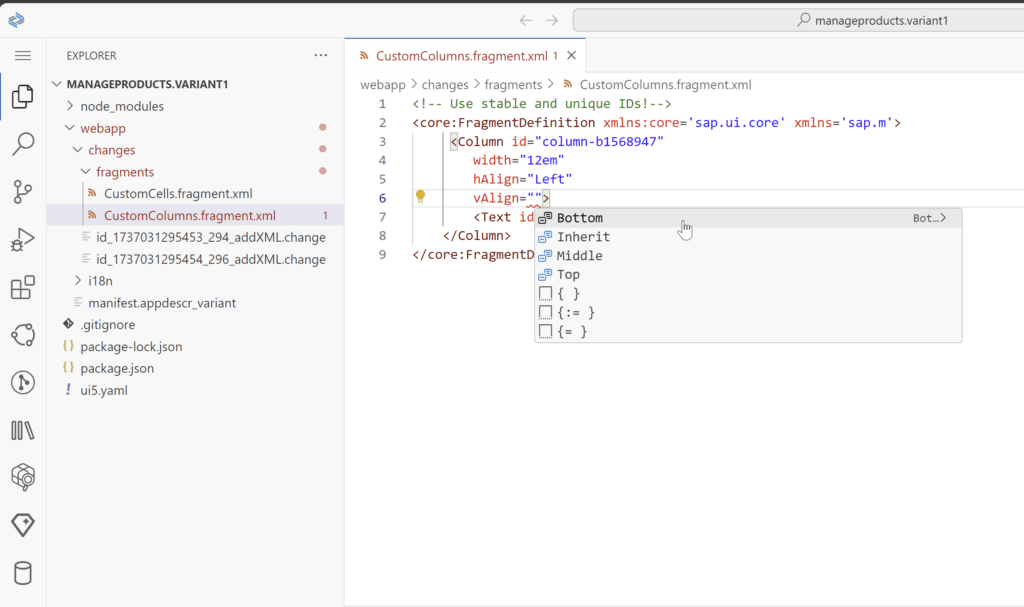 Screenshot des SAP Business Application Studio Quellcode-Editor mit Code Completion