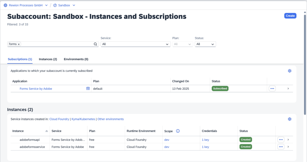 Erstellte Service Instanzen: Forms Service by Adobe free, Forms Service by Adobe default, Forms Service by Adobe API free