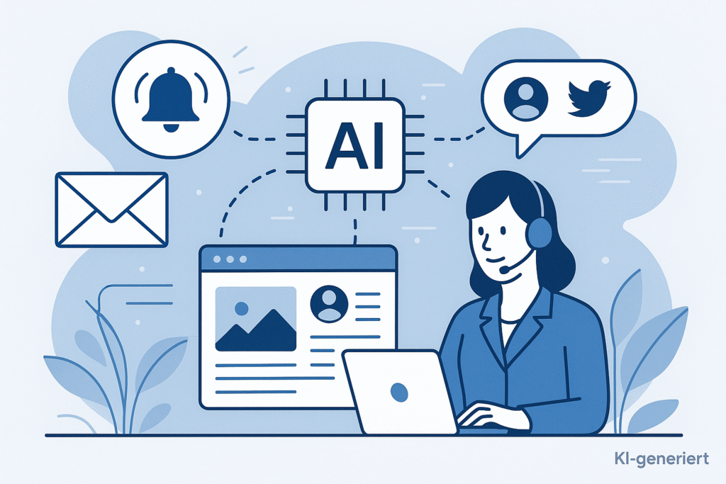 Abstrakte Illustration einer KI-gestützten, personalisierten Marketingkampagne über mehrere Kanäle. Im Zentrum steht ein AI-Chip, verbunden mit Symbolen für E-Mail, Push-Benachrichtigungen, Social Media und personalisierte Inhalte. Eine Marketingmitarbeiterin mit Headset arbeitet am Laptop. Die Darstellung ist klar, modern und in Blautönen gehalten. Unten rechts steht ‚KI-generiert‘.
