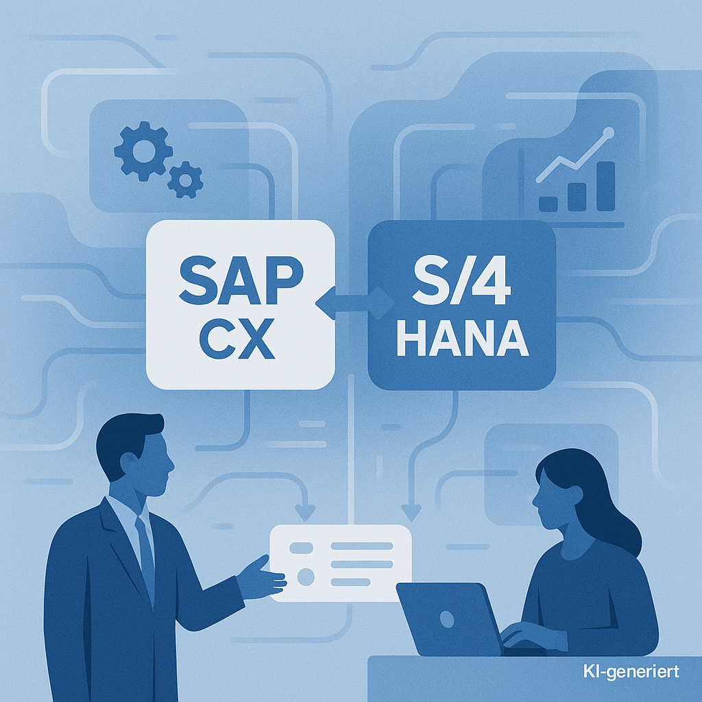 Abstrakte Illustration eines integrierten SAP CX und S/4HANA-Ökosystems. Zwei zentrale Blöcke mit den Schriftzügen ‚SAP CX‘ und ‚S/4HANA‘ sind über Pfeile miteinander verbunden. Umgeben sind sie von abstrahierten Datenflüssen, Symbolen für Zahnräder und Diagramme sowie zwei Personen, die mit digitalen Endgeräten arbeiten. Die Darstellung ist modern, professionell und in Blautönen gehalten. Unten rechts steht ‚KI-generiert‘.