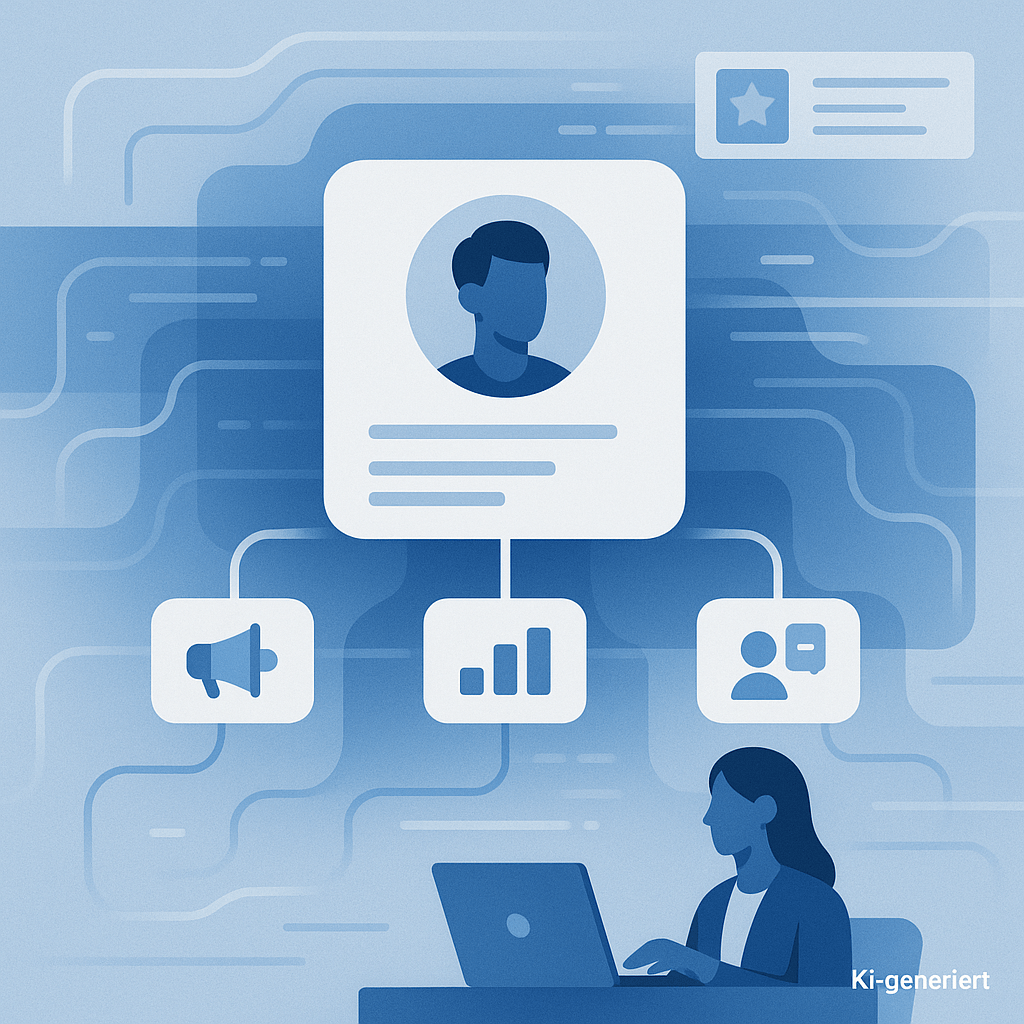 Abstrakte Illustration einer modernen Customer Data Platform. Im Zentrum steht ein digitales Kundenprofil, das über Datenflüsse mit Symbolen für Marketing, Vertrieb und Service verbunden ist. Eine Person arbeitet an einem Laptop, umgeben von fließenden Linien, die die Integration und Echtzeit-Personalisierung symbolisieren. Die Darstellung ist in Blautönen gehalten, unten rechts steht ‚KI-generiert‘.