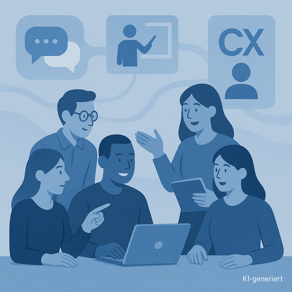 Illustration eines crossfunktionalen Teams aus vier Personen, das gemeinsam an einem CX-Projekt arbeitet. Die Teammitglieder kommunizieren lebhaft, nutzen einen Laptop und ein Tablet. Im Hintergrund sind abstrahierte Symbole für Kommunikation, Schulung und Kundenorientierung zu sehen. Der Stil ist modern, freundlich und in Blautönen gehalten. Unten rechts steht ‚KI-generiert‘.