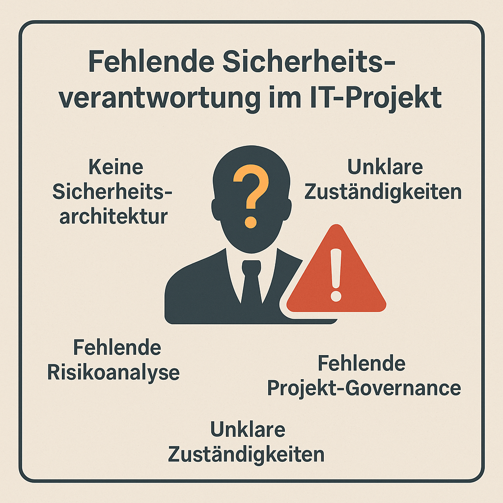 Infografik zu fehlender Sicherheitsverantwortung im IT-Projekt mit Warnsymbol und Problemfeldern.